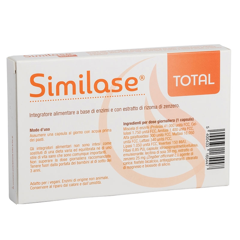immagine della confezione integratore Similase Total,15 capsule Metagenics, vista del retro, con modo d'uso ed ingredienti